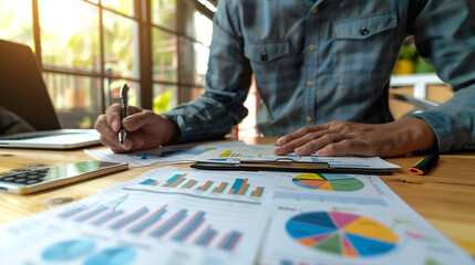 Businessman discussing budget allocation with data charts fiscal policy