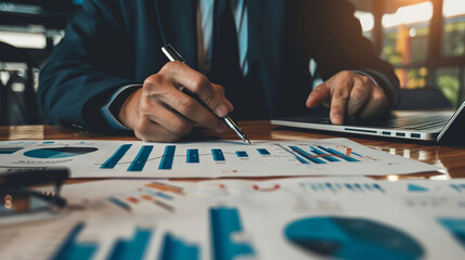 Businessman discussing market analysis with graphical data representations investment strategies