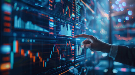 Obraz premium Businessman discussing investment risks with detailed data and charts market trends