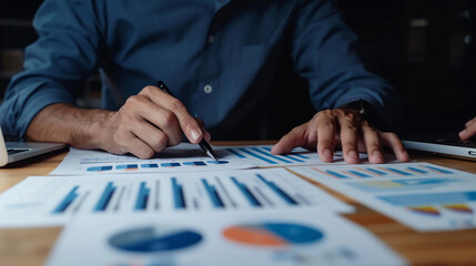 Fototapeta premium Businessman engaging in a financial review session with charts data analysis