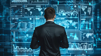 Businessman planning next steps with financial graphs cash flow analysis