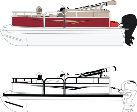 pontoon boat side view, red and white clip art preview