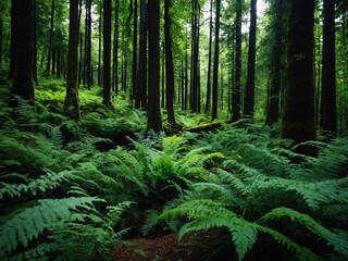 Verdant forest vista Beautiful panoramic view of a lush green forest background - high contrast