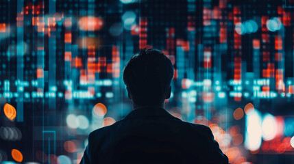 Fototapeta premium Businessman studying market forecasts with graphical data economic outlooks