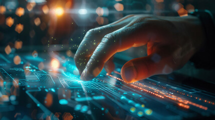 Closeup hand using computer experimenting with AI techniques artificial intelligence