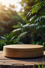 Wooden Podium in Lush Tropical Forest for Product Presentation. Made with Generative AI Technology