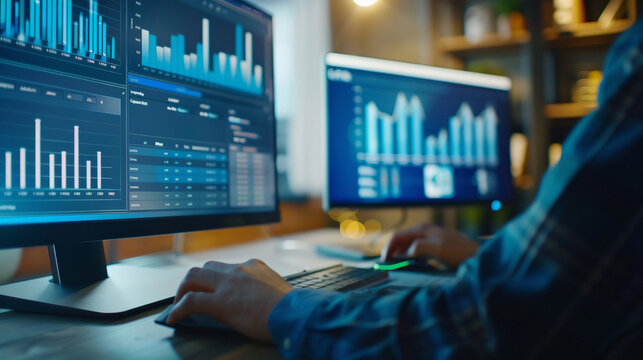 Closeup hand using computer monitoring AI performance artificial intelligence