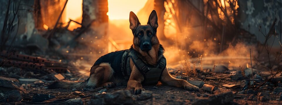 Military working dog wearing uniform and bulletproof vest. Rescue dog looking for injured people in ruins after war or earthquake. Police, guard, security dogs profession. K9 Veterans Day
