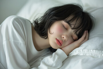若いアジア人女性がベッドで眠る。顔のアップ。ビューティーポートレート。AI生成画像