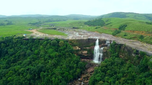 Aerial view of meghalaya dainthlen falls in India. The beautiful landscape view of east khasi hills cherrapunji mawsynram reserve forest in meghalaya India.
