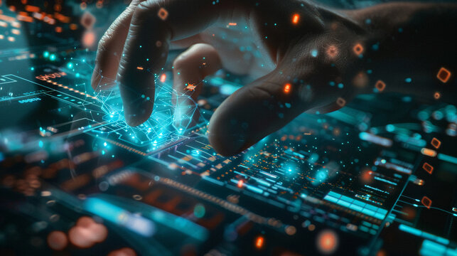 Closeup hand using computer programming AI software artificial intelligence