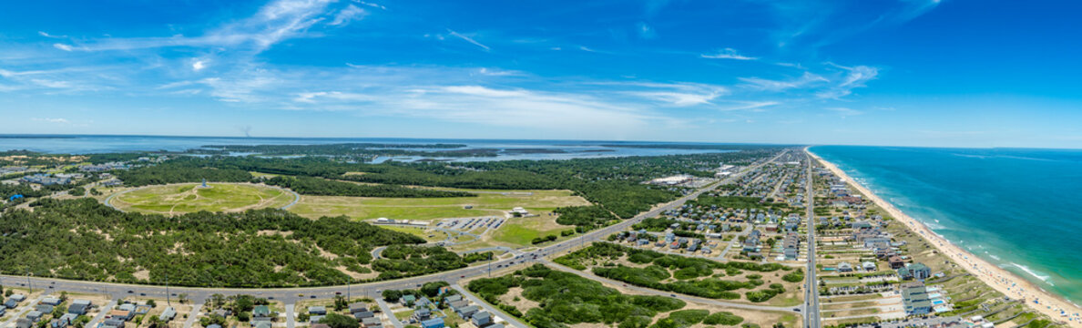 Aerial view of the Wright Brothers Monuments and first flight air field in Kill Devils Hills North Carolina Outer Banks