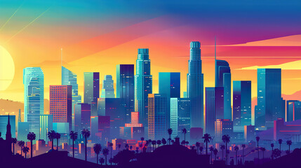Naklejka premium colorful cityscape background with tall buildings, palm trees and hills.