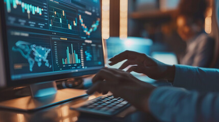 Closeup hand using computer analyzing AI data machine learning