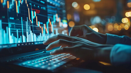 Closeup hand using computer studying stock market charts investment
