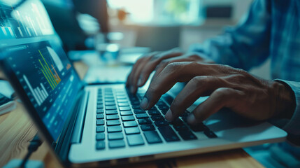 Closeup hand using computer enhancing deep learning AI