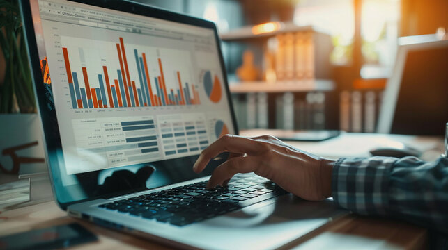 Closeup hand using computer analyzing AI data machine learning