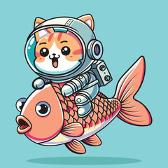 Illustration Vector Graphic of Cute and Adorable Cat Astronout Riding Fish With Separated Layer. Suitable for Manufacturing T-Shirt, Sticker, Coloring Book, etc. 