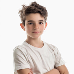 A young boy with brown hair and a white shirt is smiling for the camera