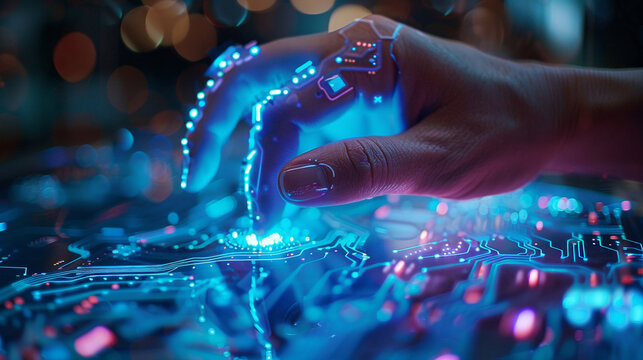 Closeup hand using computer automating tasks with AI artificial intelligence