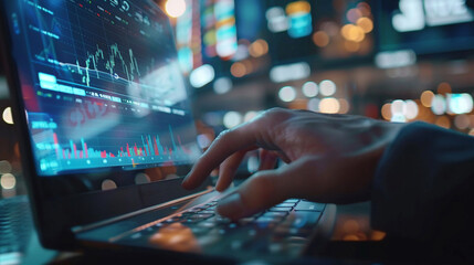Closeup hand using computer executing stock trades investment