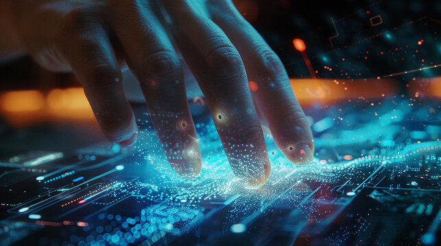 Closeup hand using computer automating tasks with AI artificial intelligence