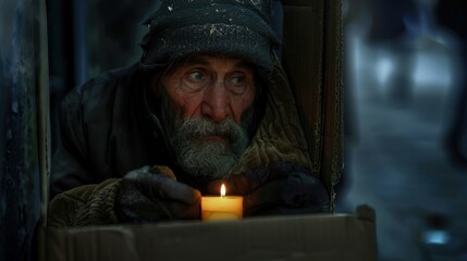 A homeless man sits in a cardboard box, holding a candle for warmth and light during a cold night on the streets