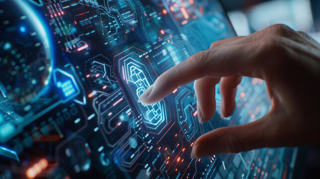 Closeup hand using computer programming AI software artificial intelligence