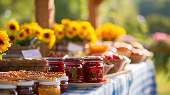 Vibrant farmers market display with fresh sunflowers, jams, and baked goods under warm sunlight, creating a delightful summer atmosphere.