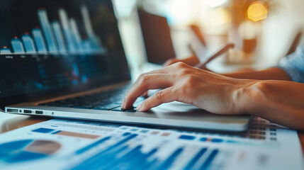 Closeup hand using computer auditing financial statements compliance