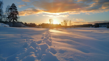 Fresh snow covering the ground with footprints leading off into the distance on a trail.