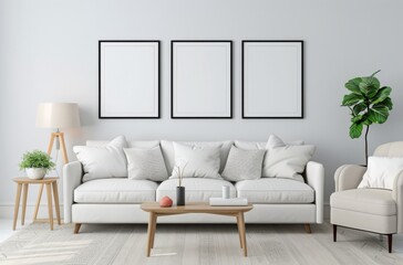 Fototapeta premium White Living Room With Sofa, Chairs, and Plants