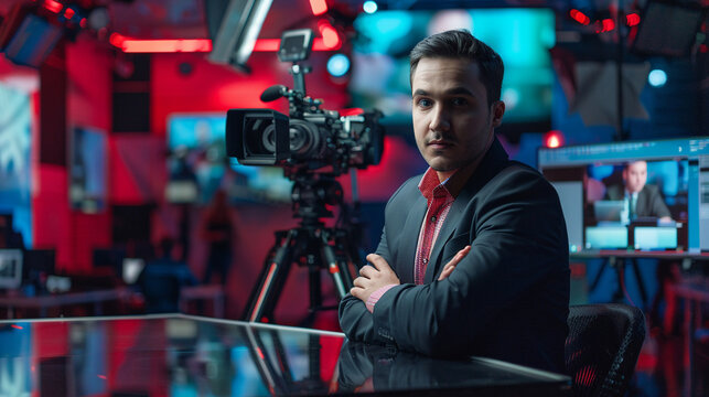 News reporter addressing cybersecurity issues in studio news