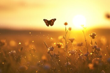 Butterfly flutters above wildflowers against a warm sunset, with floating particles around