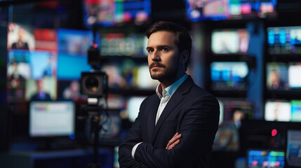 News reporter analyzing business news in studio news