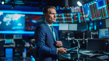 Fototapeta premium News reporter analyzing stock market in studio news