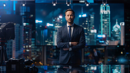 Fototapeta premium News reporter analyzing urban development in studio news