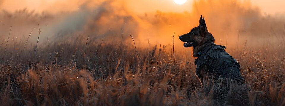 Military working dog wearing uniform and bulletproof vest . Dog guards the border, border guard. Police, guard, security dogs profession. K9 Veterans Day