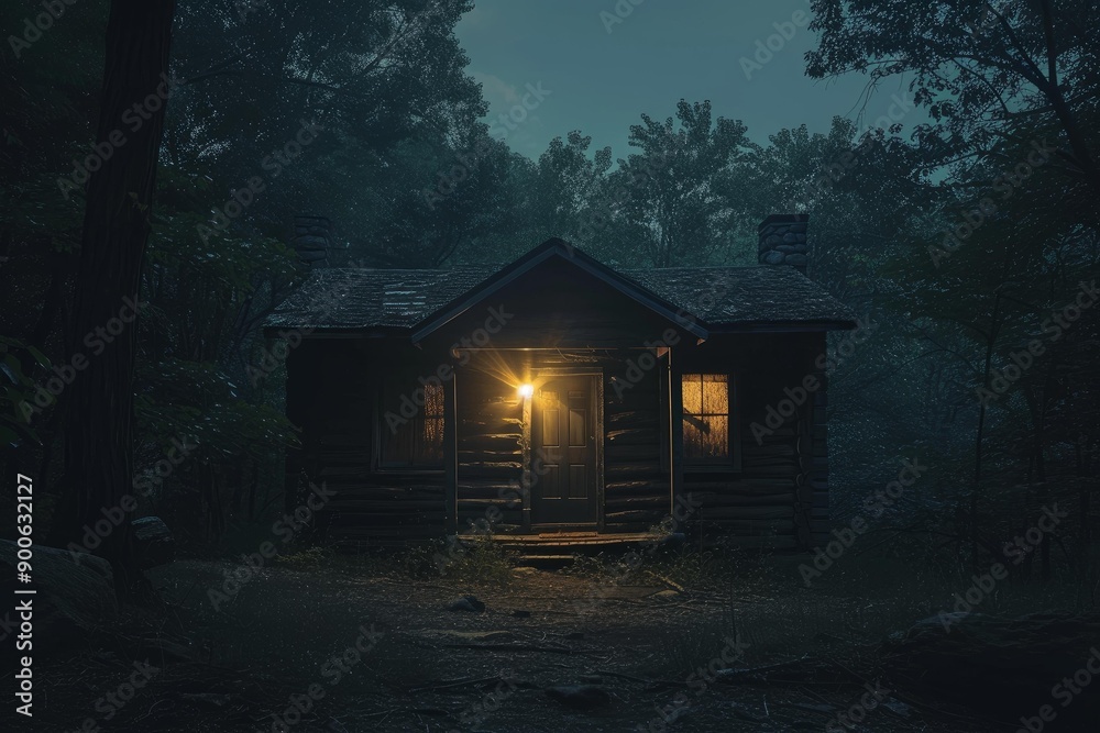 Canvas Prints An enigmatic, cozy cabin illuminated under a moonlit night amidst dense woods