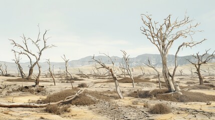 A barren landscape features skeletal trees standing on cracked earth, highlighting the severity of drought and desolation