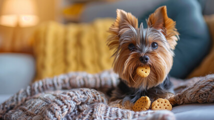 Yorkshire Terrier with cookies in a cozy home setting.