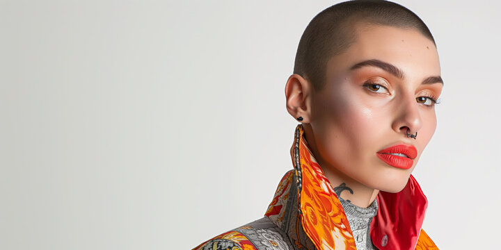 Fashionable Androgynous Model with Bold Tattoo in Vibrant Silk Scarf - Powered by Adobe
