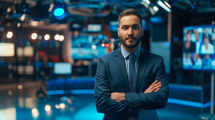 Fototapeta premium News reporter explaining healthcare innovations in studio news