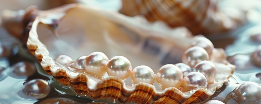 several luxury pearls in a shell above a pool of water filled with pearls