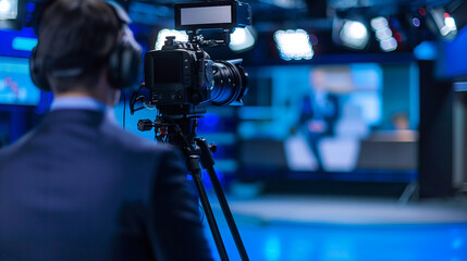 News reporter moderating panel discussion in studio news