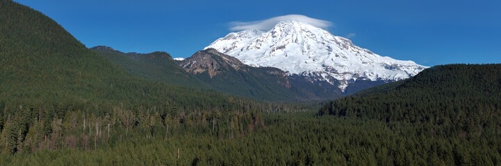 Snow-Capped Mount Rainier with Forested Valley in Foreground