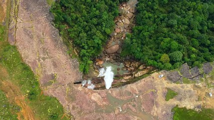 Aerial view of meghalaya dainthlen falls in India. The beautiful landscape view of east khasi hills cherrapunji mawsynram reserve forest in meghalaya India.