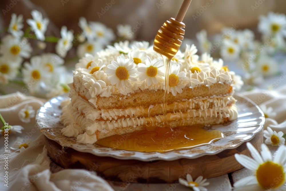 Sticker Close-up of a sponge cake with honey drizzle and white daisy decorations on a rustic table