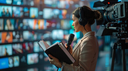 News reporter reviewing book releases in studio news