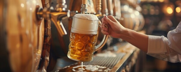 Woman in dirndl pouring frothy beer from a keg into a traditional stein.